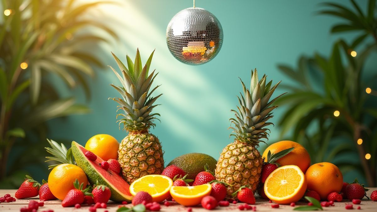Fiesta tropical con frutas y una bola de discoteca.