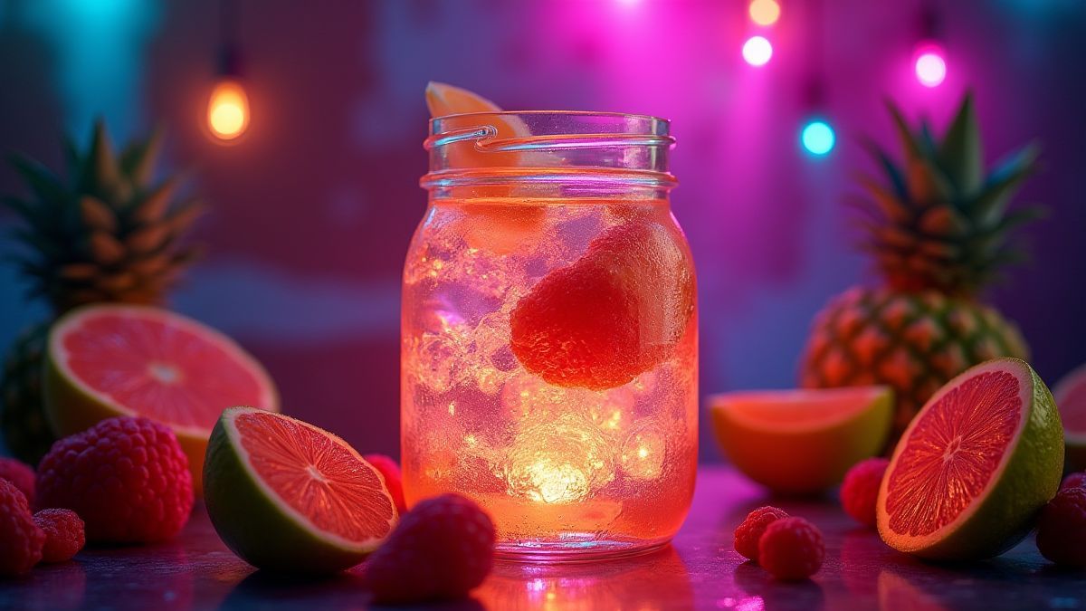 Tarro de hielo con luces de neón y frutas tropicales.