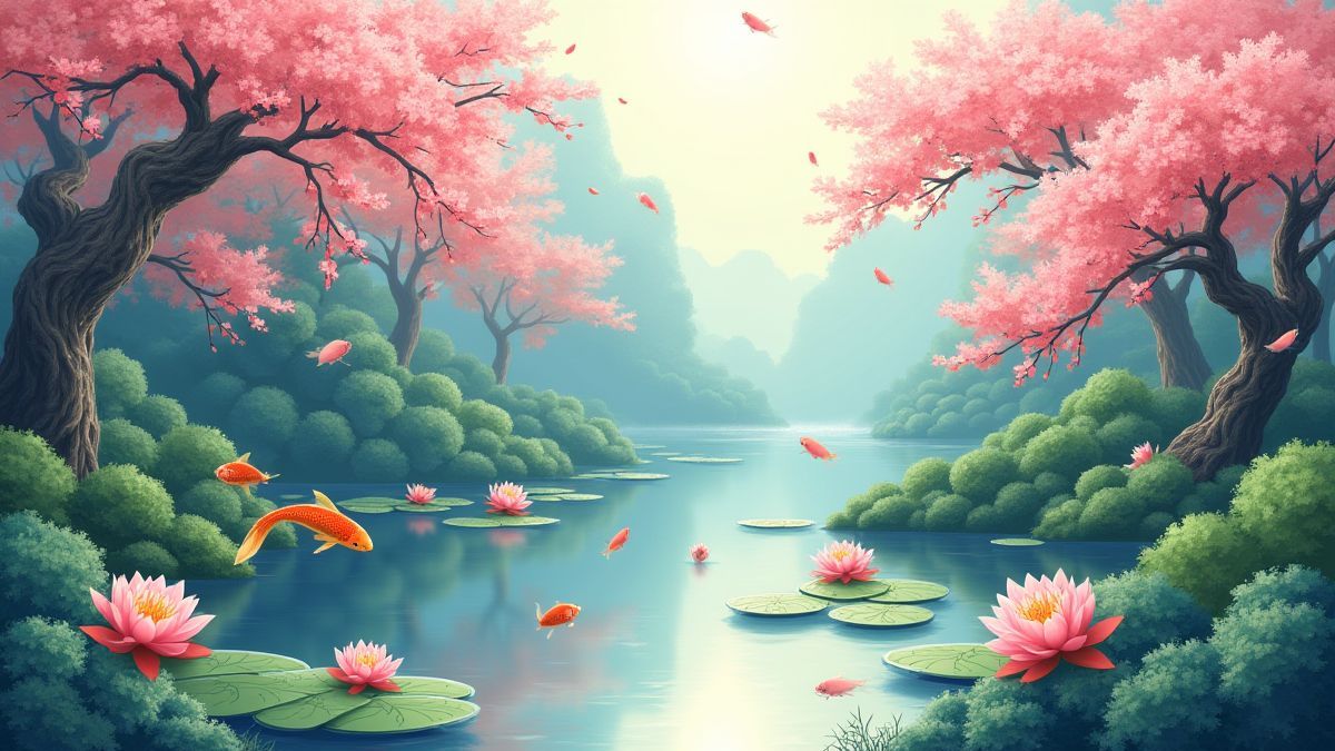 Um jardim chinês com um lago de lírios e peixes koi.