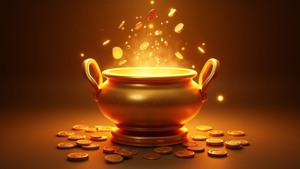 Um gong dourado rodeado de moedas brilhantes.