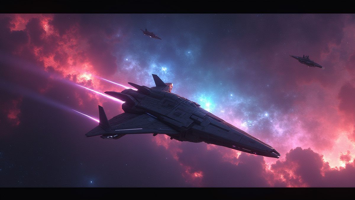 Nave espacial em uma galáxia alienígena colorida