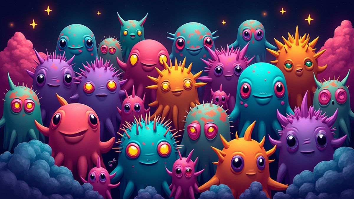 Alien creatures clustered in an intergalactic grid