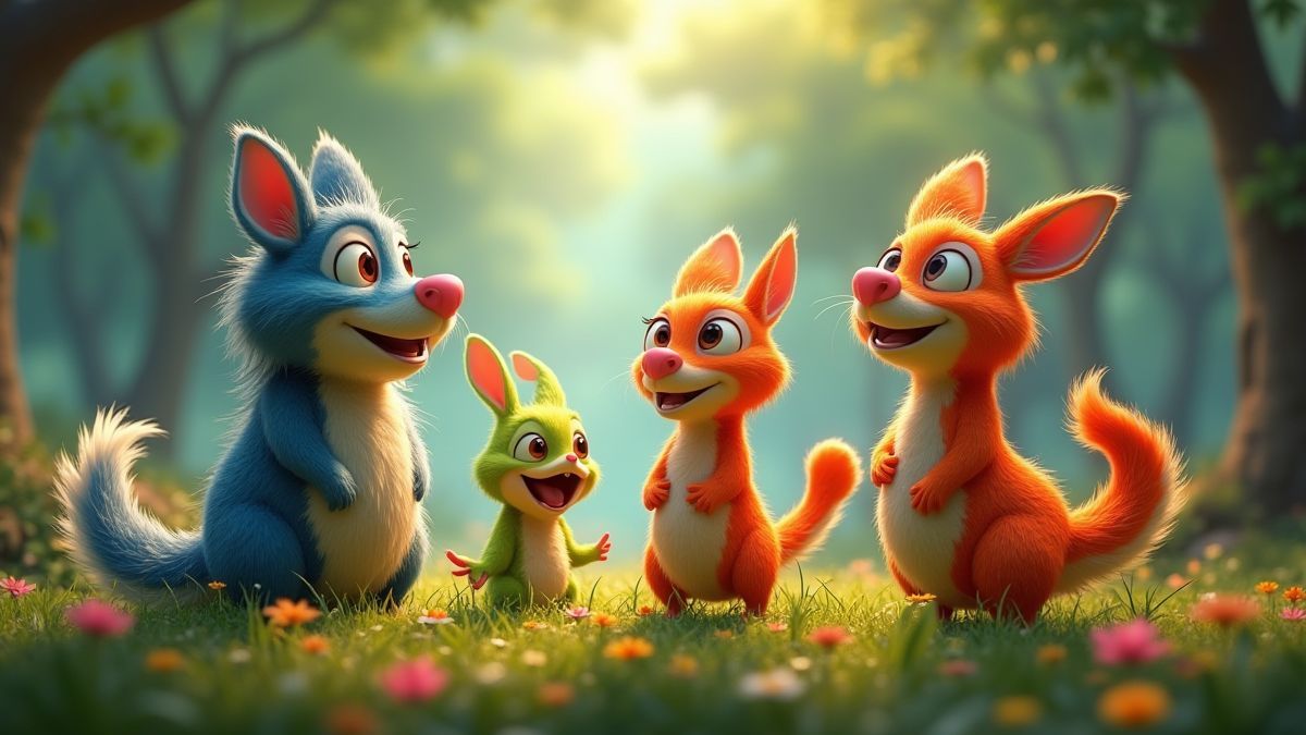 Animierte Kreaturen im Pixar-Stil in einer magischen Waldumgebung.