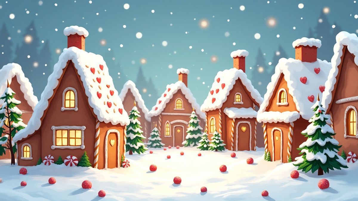 Pueblo de jengibre con tejados nevados y decoraciones de caramelos.
