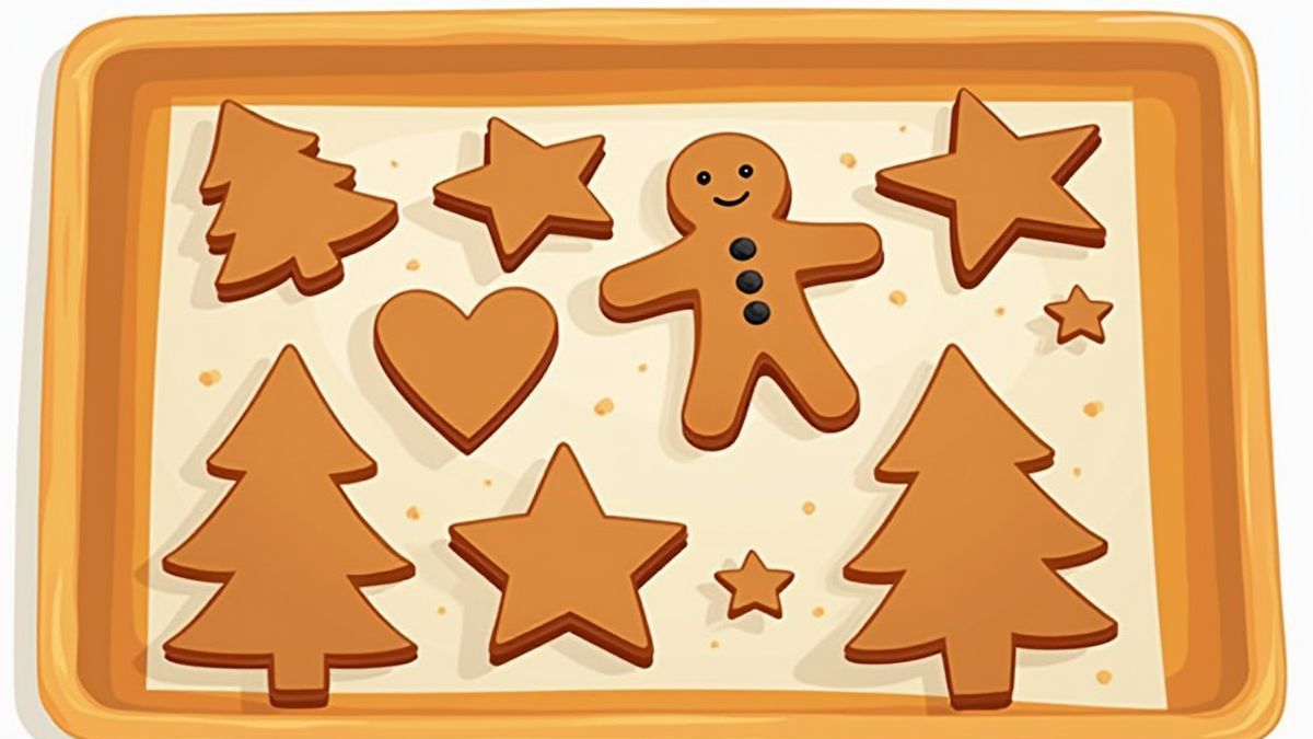 Una bandeja de galletas de jengibre decoradas con formas navideñas.