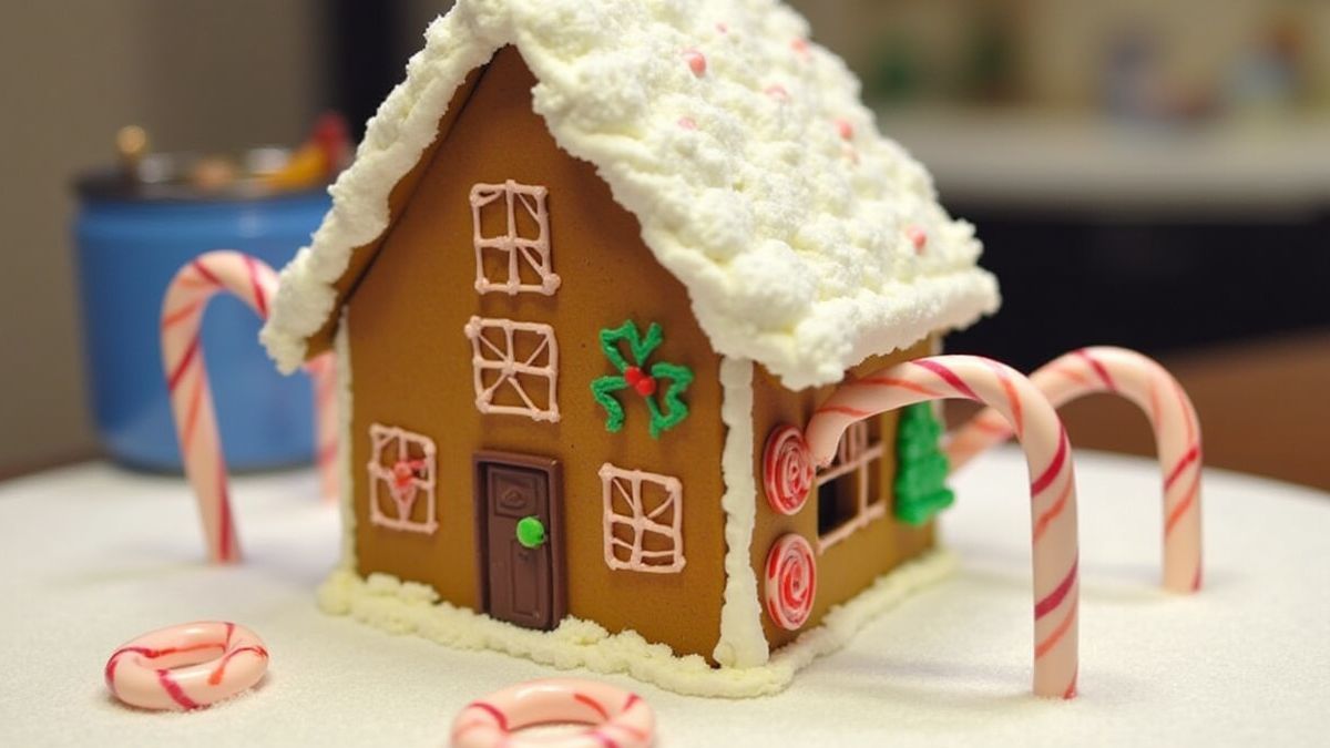 Una casa de jengibre acogedora decorada con bastones de caramelo.