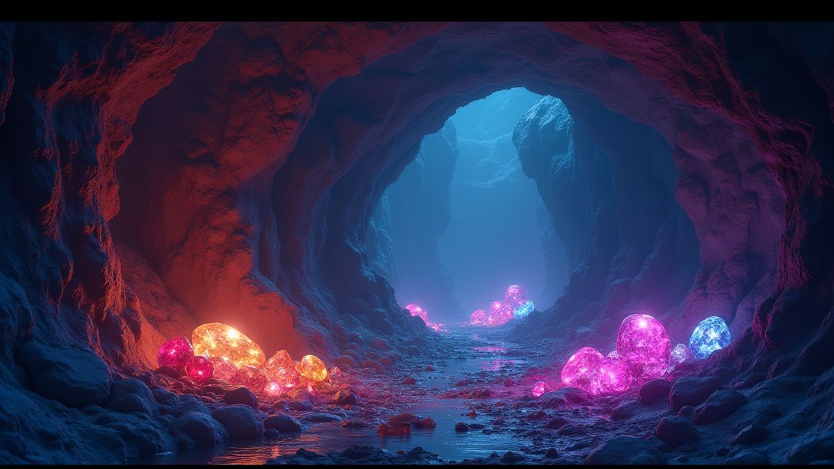 A glowing underground cave filled with gems and jewels
