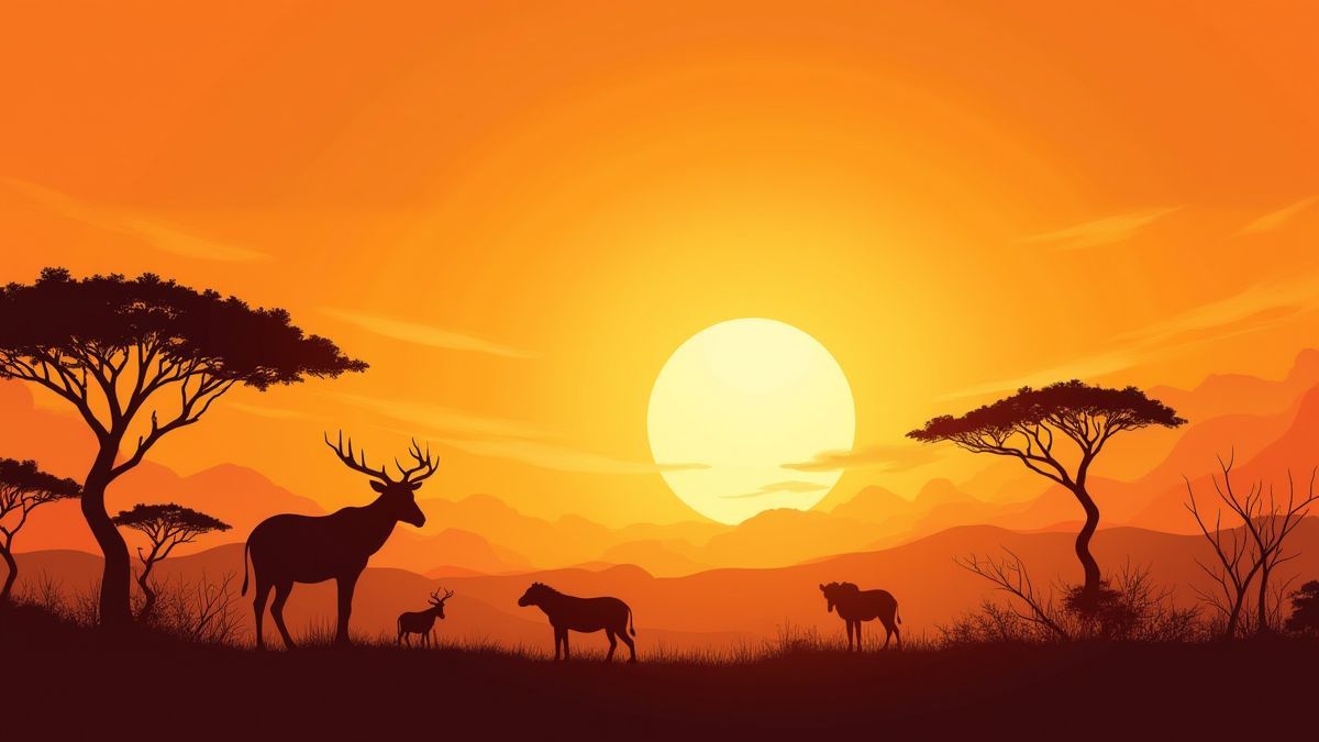 Sabana africana con árboles de acacia y animales bajo un atardecer dorado.