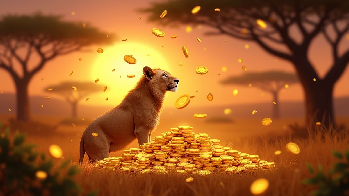 Monedas de bonificación brillando en una sabana africana.