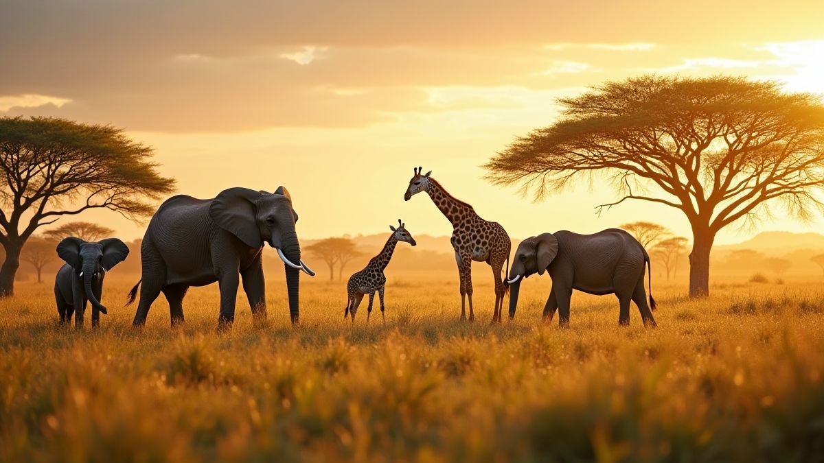 Vida salvaje africana con jirafas y elefantes en una sabana exuberante.