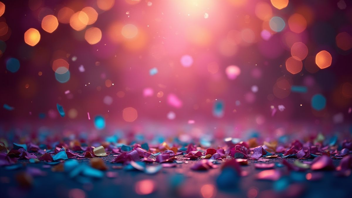 Cena de festa vibrante com luzes e confete.