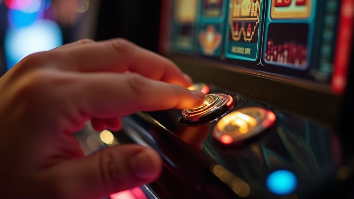 Mão ajustando as moedas em uma interface de caça-níqueis.