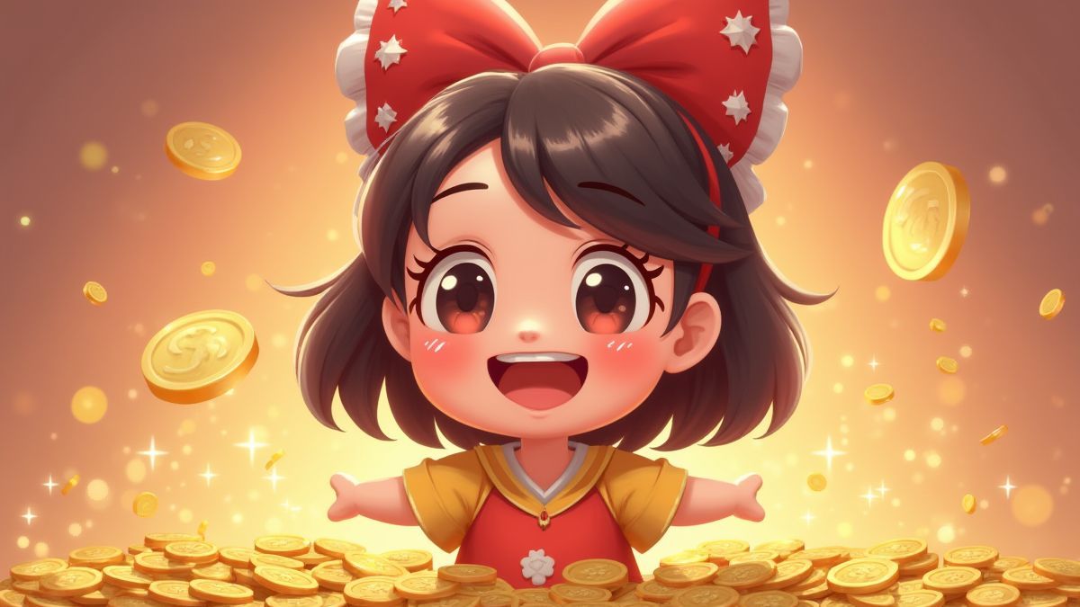 Uma garota alegre rodeada de moedas brilhantes.