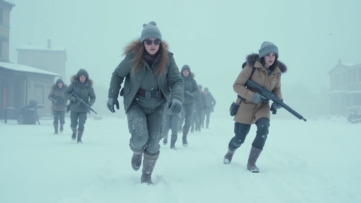 Héroïnes courant au milieu d'un champ enneigé.