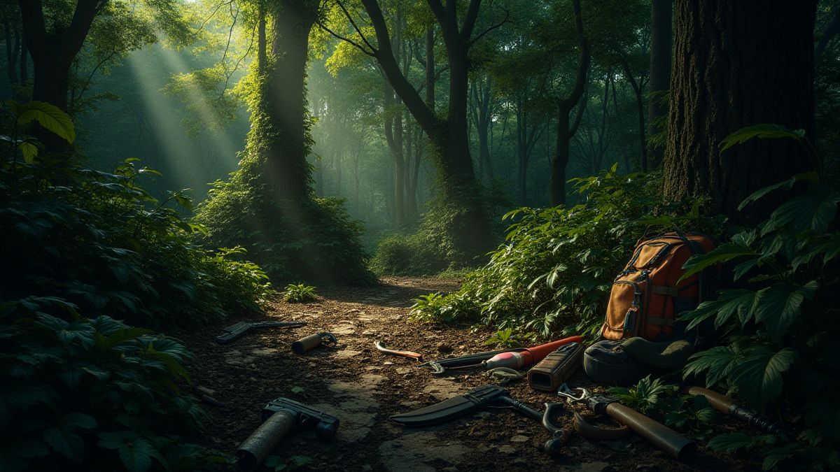 Paisaje selvático con equipo de aventura
