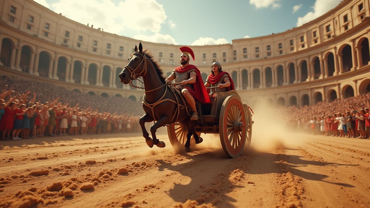 A Roman chariot racing through a coliseum.