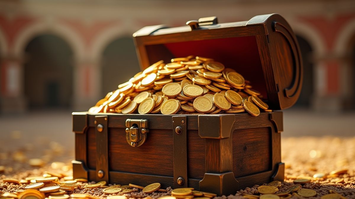 A treasure chest full of gold coins in a Roman setting.