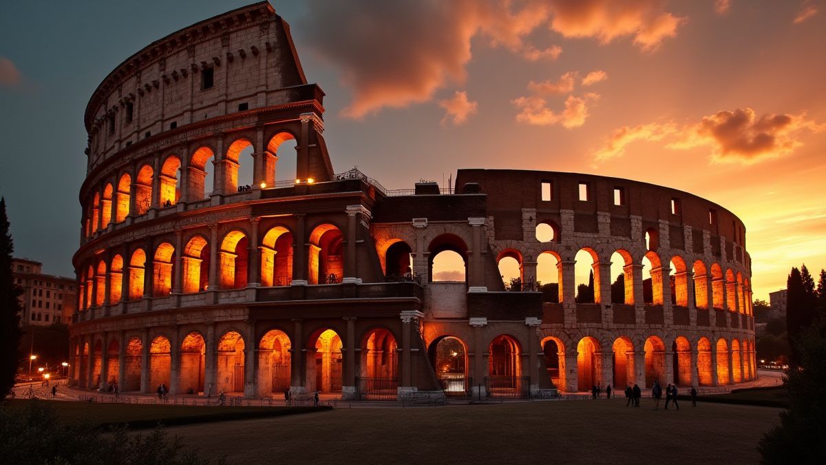Roman coliseum at sunset with lights and shadows of gladiators.