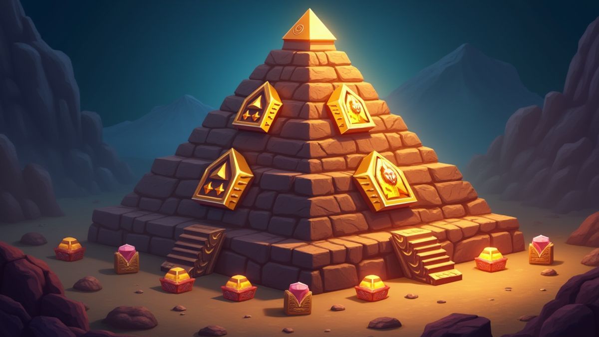 Pyramid of stones with glowing prizes like free spins and multipliers.
