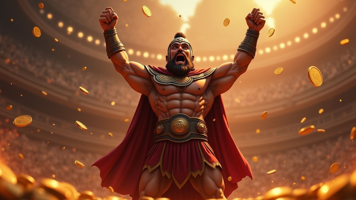 Gladiator celebrating a victory with coins in hand.