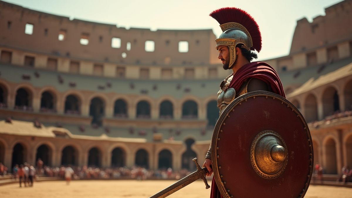 Gladiator romano en una arena sosteniendo una espada y un escudo.
