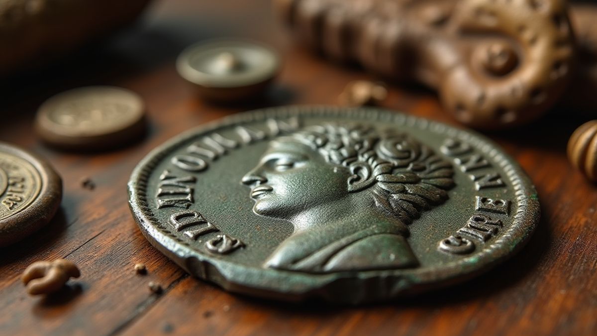 Moneda romana en una mesa con artefactos antiguos.