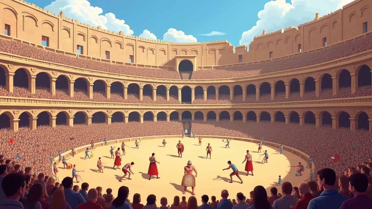 O Coliseu romano cheio de espectadores e gladiadores prontos para a batalha.