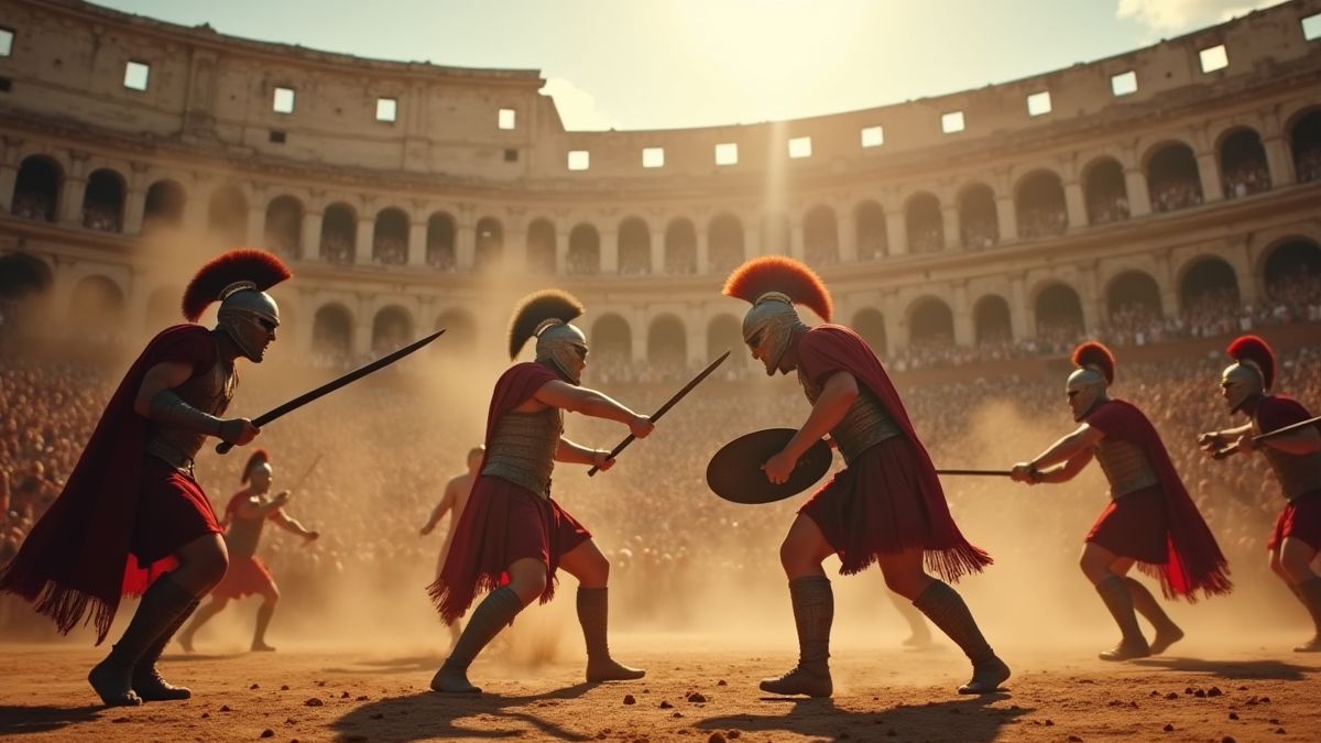 Uma intensa batalha de gladiadores no Coliseu romano.