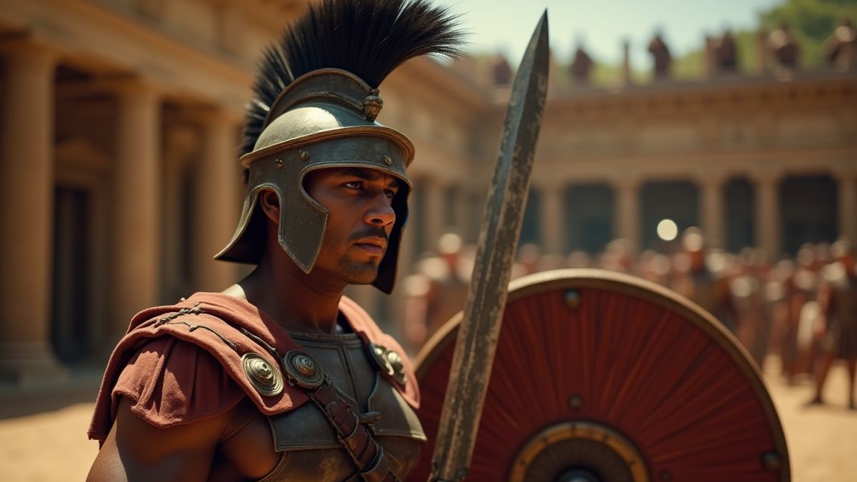 Gladiador segurando espada e escudo em um ambiente romano.