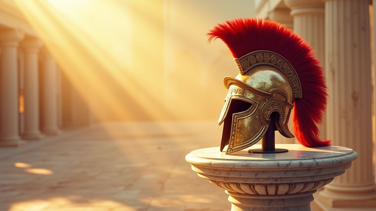 Casco de gladiador romano sobre un pedestal de mármol iluminado por el sol.