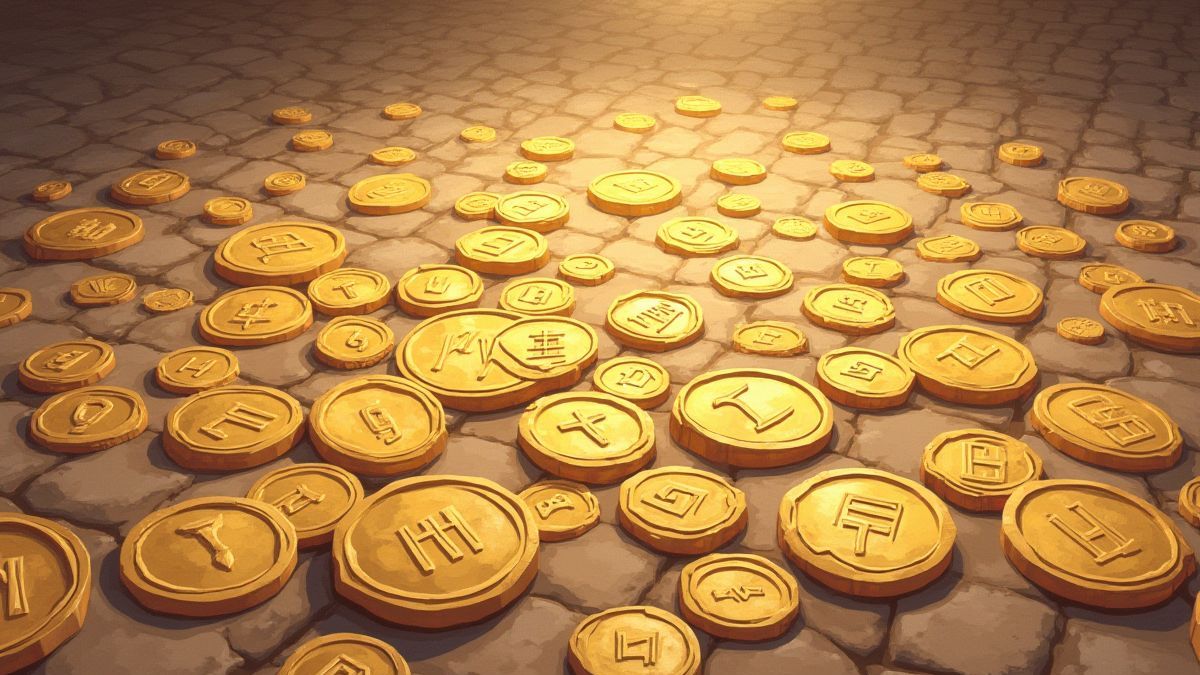 Monedas de oro romanas dispersas en un suelo de piedra antigua.
