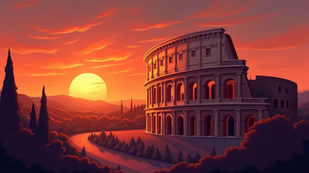 Coliseo romano iluminado por un espectacular atardecer.