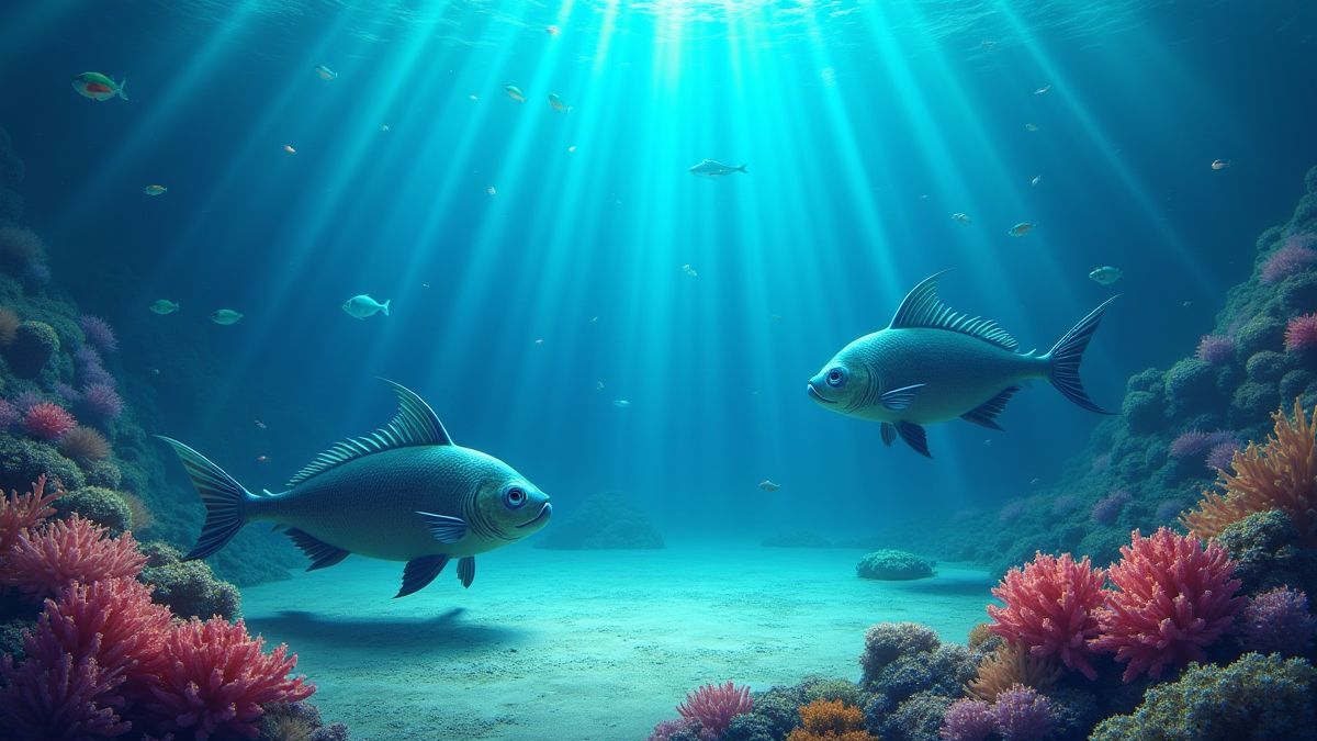 Arena submarina com coral e peixes gladiadores.