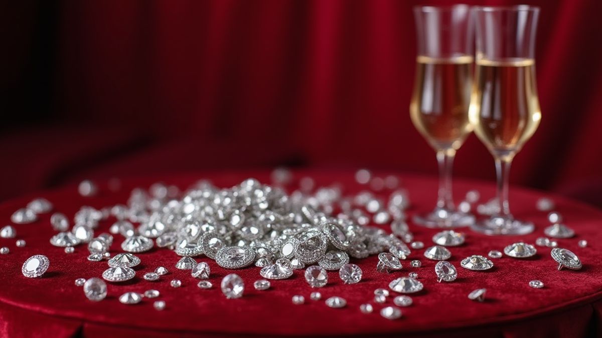 Diamantes e copas de champanhe em um ambiente luxuoso.