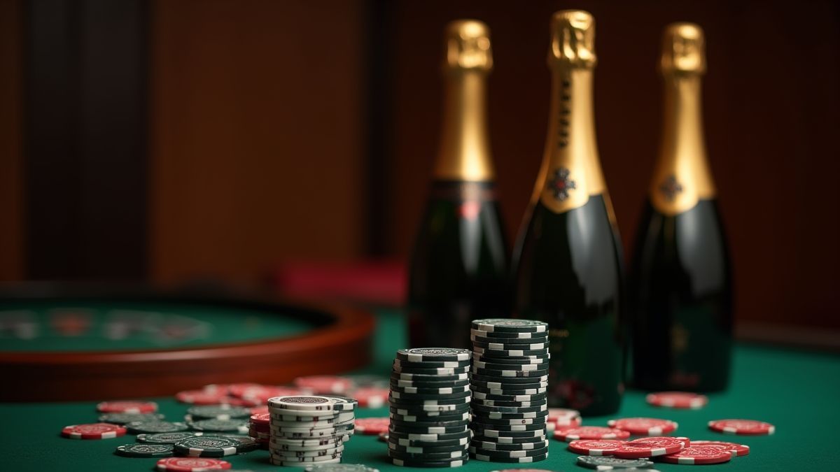 Cena de cassino com fichas e garrafas de champanhe.