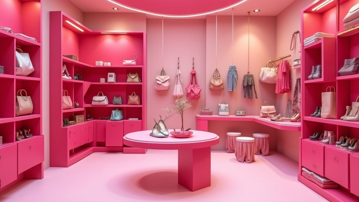 A vibrant boutique with pink decoration and fashionable accessories.