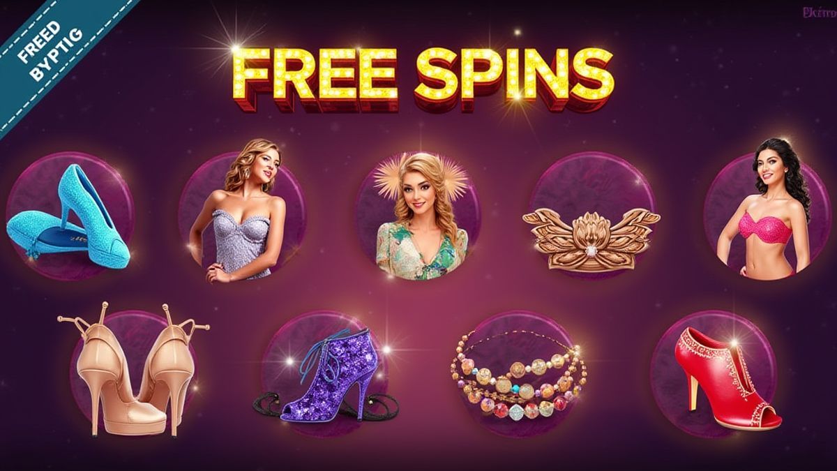 Free spins features with icons of glamorous women and accessories.