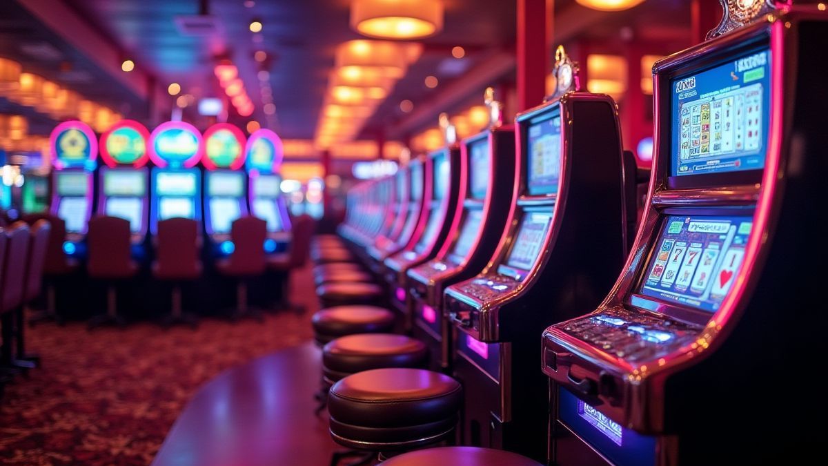 Bright casino environment with colorful slot machines and stylish atmosphere.