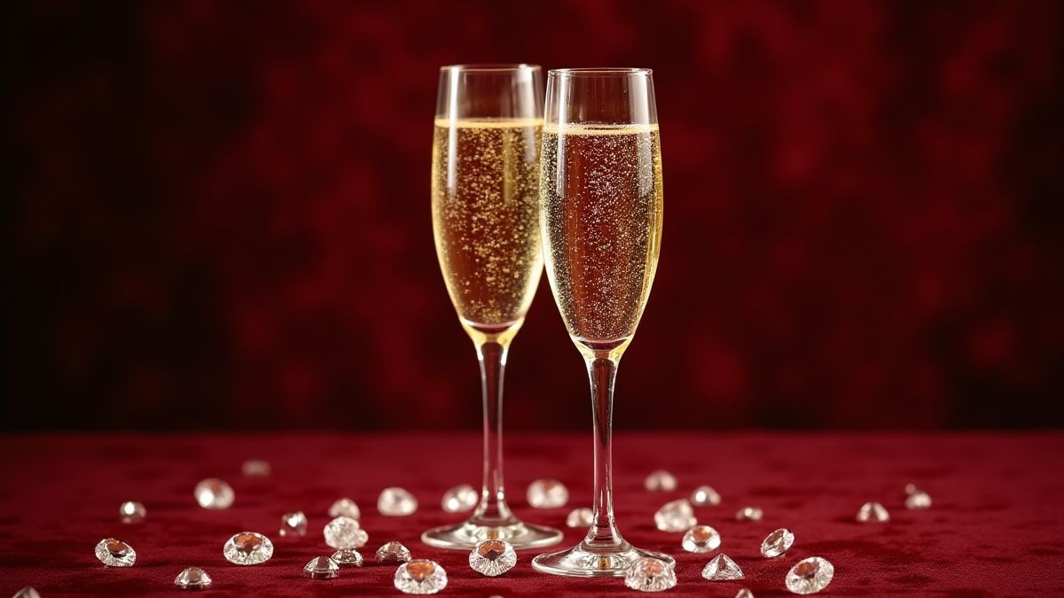 Copas de champanhe com diamantes sobre um mantel de terciopelo.