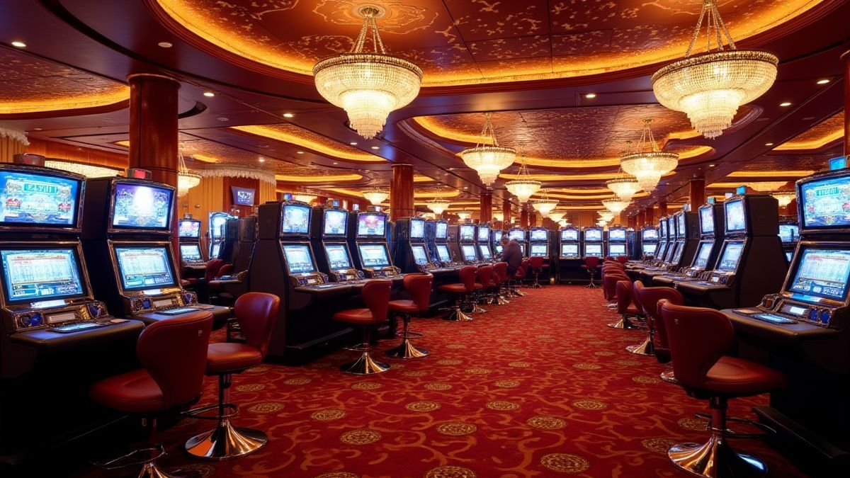 Intérieur de casino avec candelabres et décoration luxueuse.