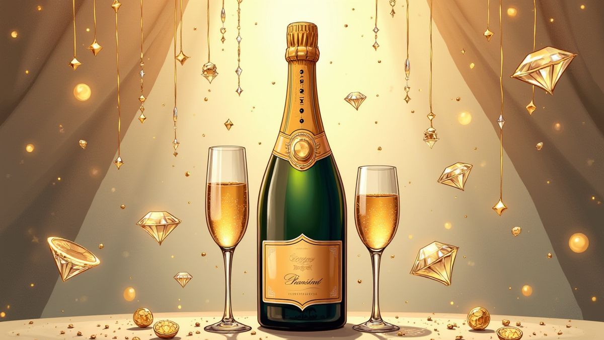 Botella de champán rodeada de diamantes y oro.