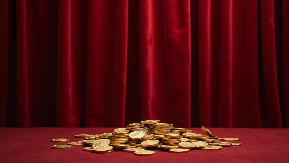 Cortinas de terciopelo y monedas de oro en una mesa.