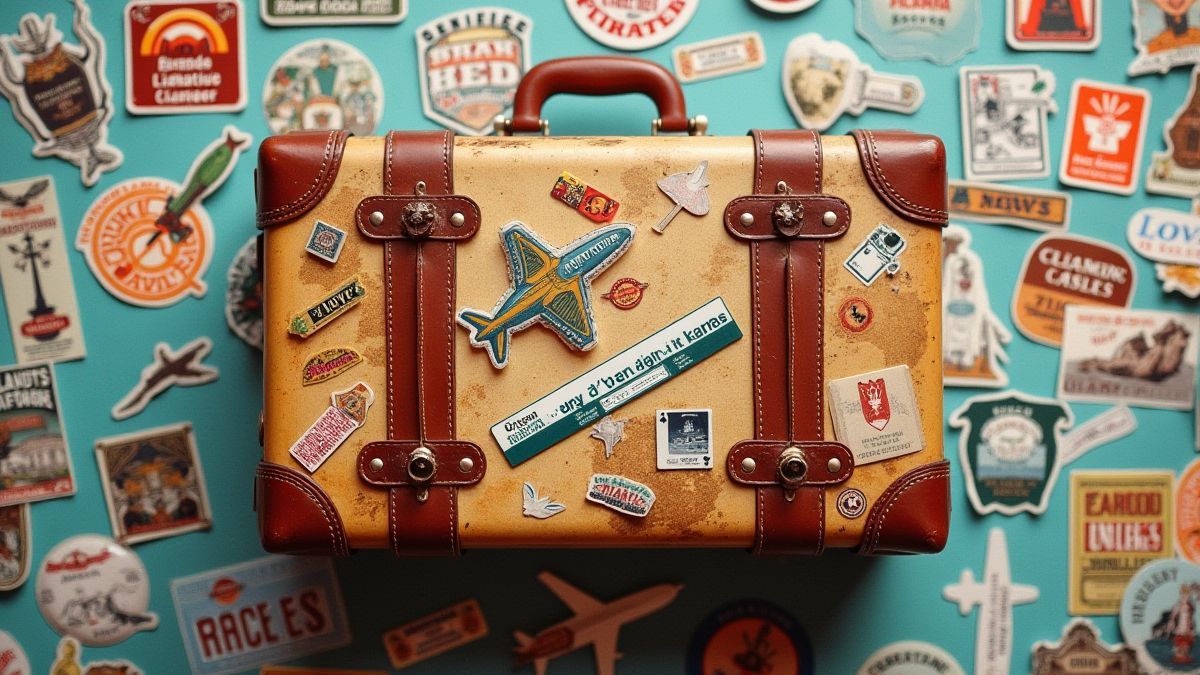 Vintage koffer met reisstickers en een vliegticket.
