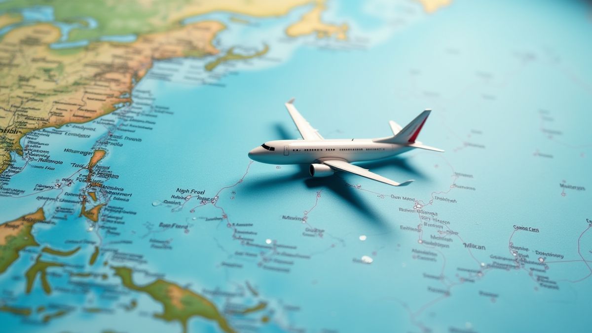 Kaart met gemarkeerde steden en een vliegtuig dat erboven vliegt.