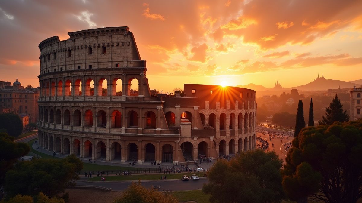Scenic view of the Roman colosseum illuminated by the sunset.