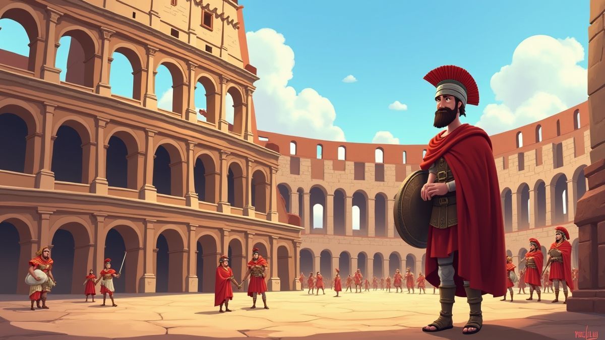 El Coliseo romano animado con gladiadores y ciudadanos romanos.