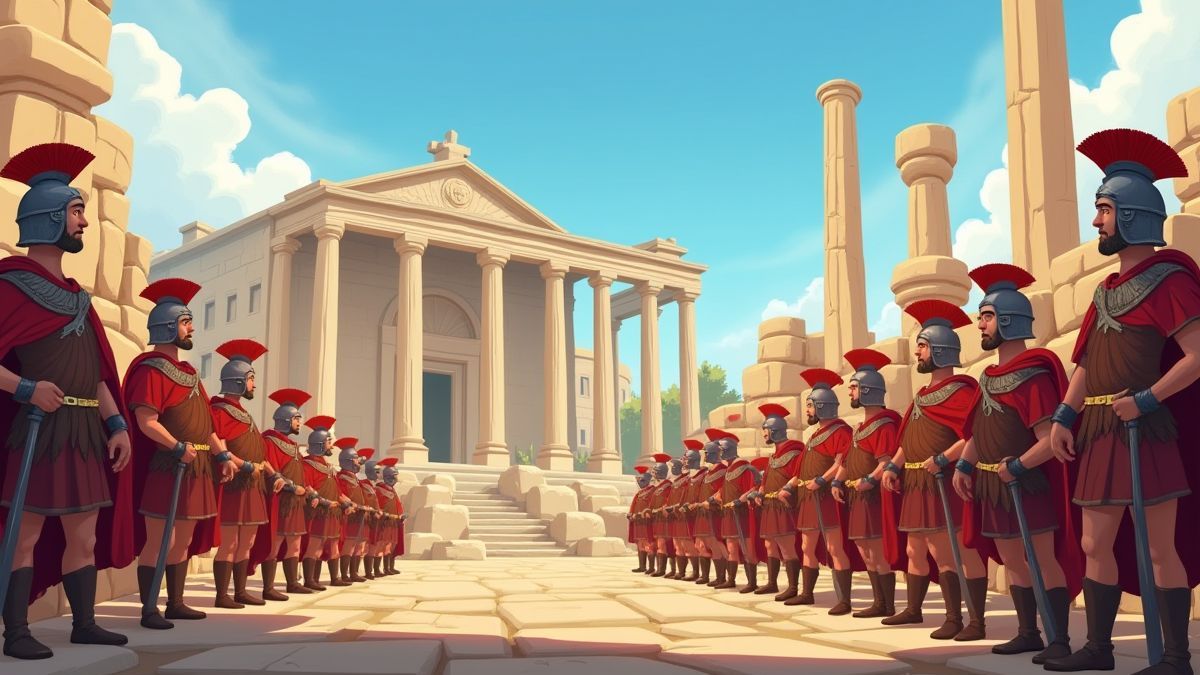 Soldados romanos animados cerca de ruinas antiguas.