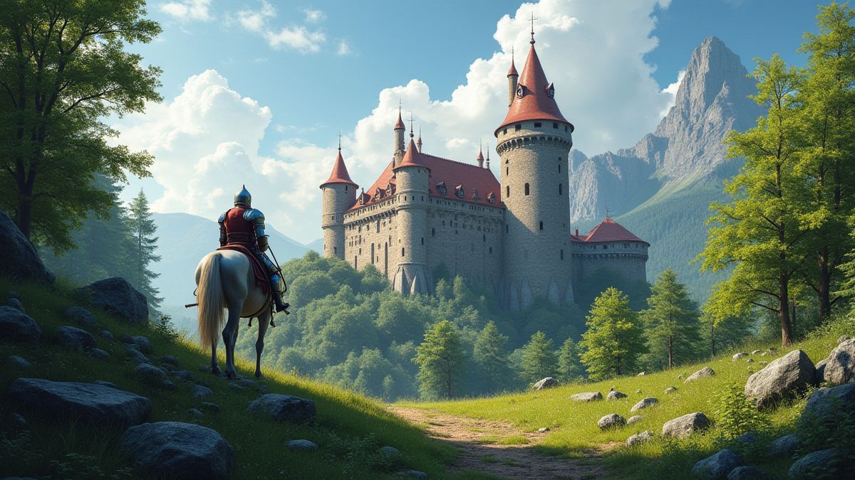 Un castillo medieval con un caballero a caballo rodeado de vegetación.