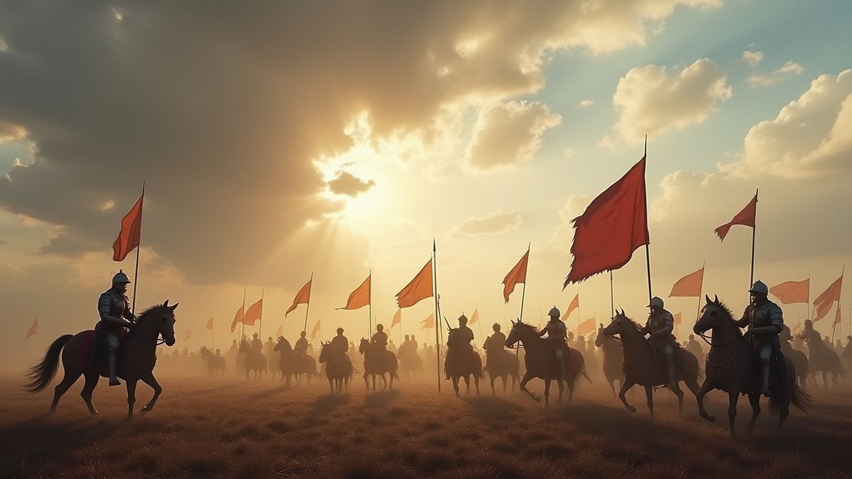 Campo de batalla con caballeros y banderas ondeando bajo un cielo dramático.