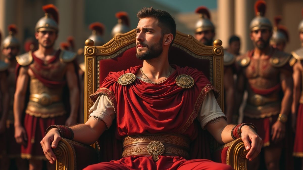 Imperador romano com gladiadores ao fundo.